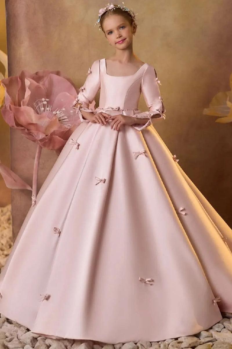 Square Neck Mini Bow Applique Satin Flower Girl Dresses 673032897062 - 10 Days / As Picture / 2 - COCOMELODY